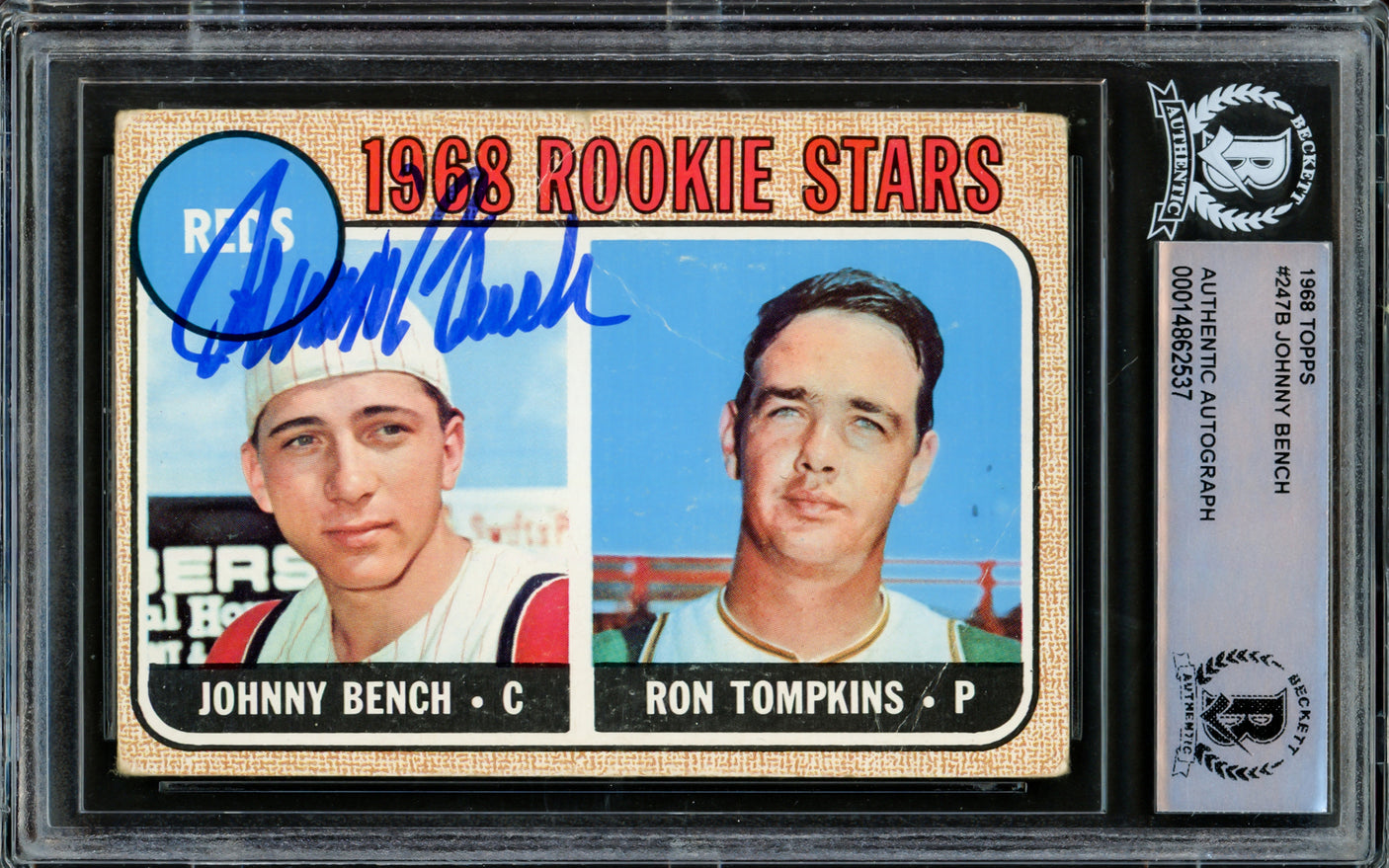 Johnny Bench Autographed 1968 Topps Rookie Card #247 Cincinnati Reds (Off Condition) Beckett BAS #14862537