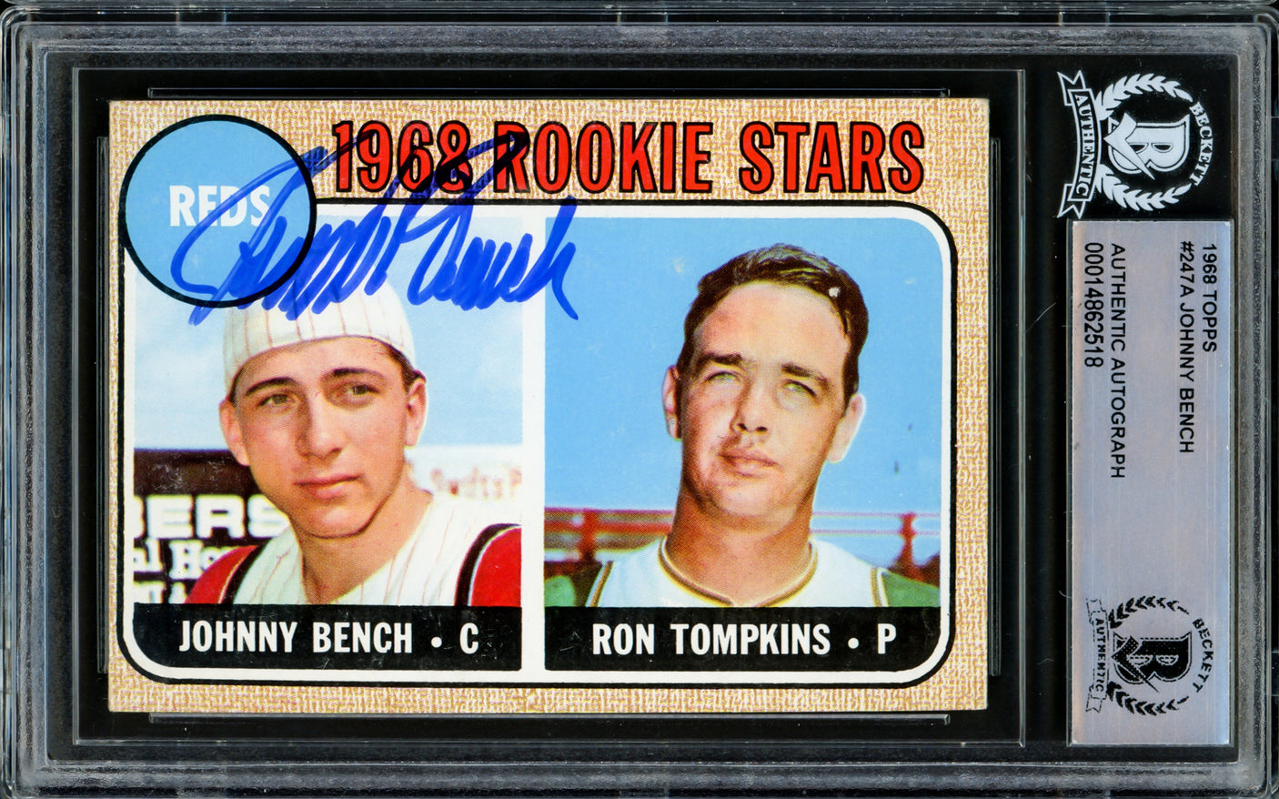 Johnny Bench Autographed 1968 Topps Rookie Card #247 Cincinnati Reds (Off Condition) Beckett BAS #14862518