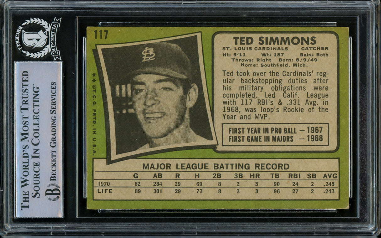 Ted Simmons Autographed 1971 Topps Rookie Card #117 St. Louis Cardinals Beckett BAS #14862592