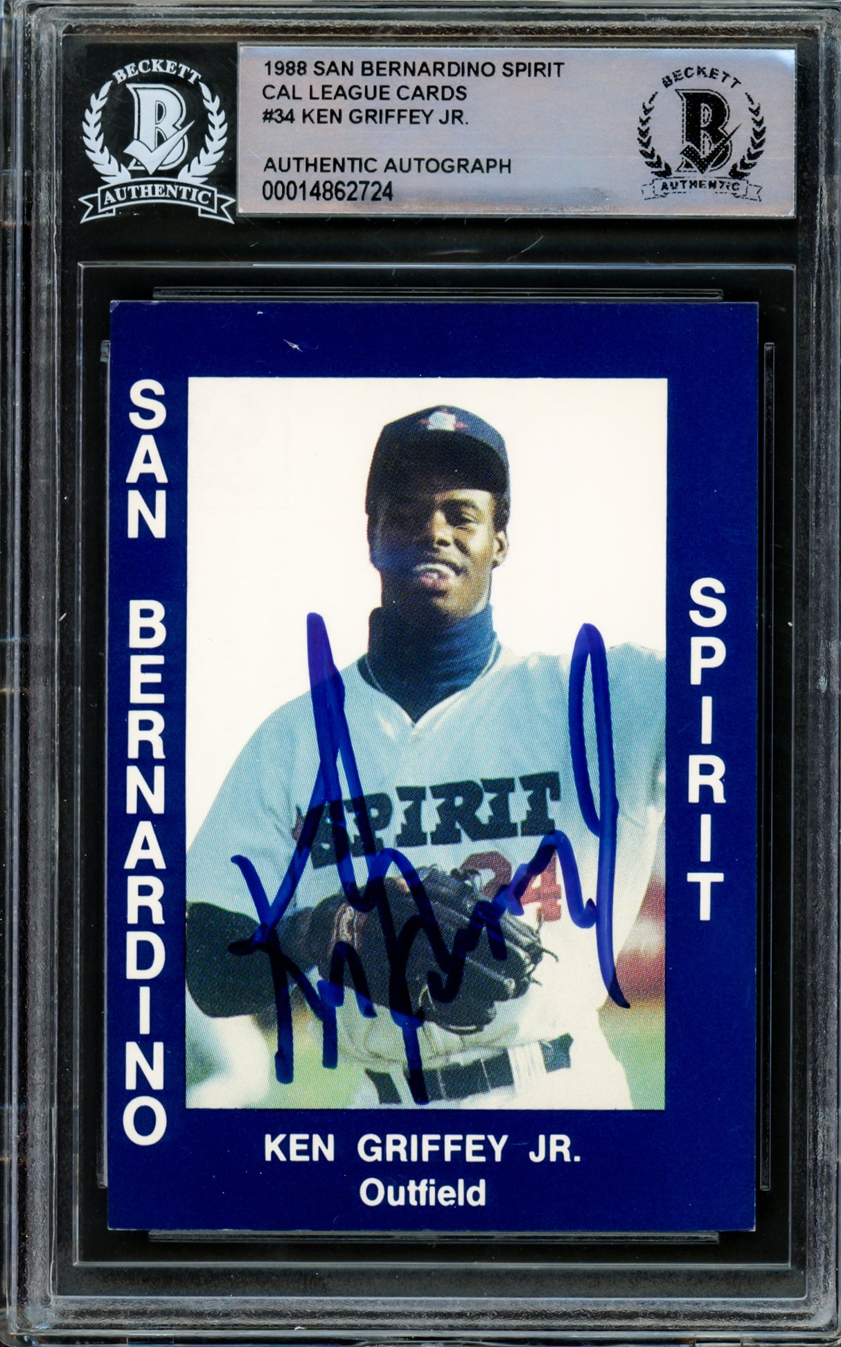 Ken Griffey Jr. Autographed 1998 Cal League Rookie Card #34 San Bernardino Spirit Rookie Sig Beckett BAS #14862724