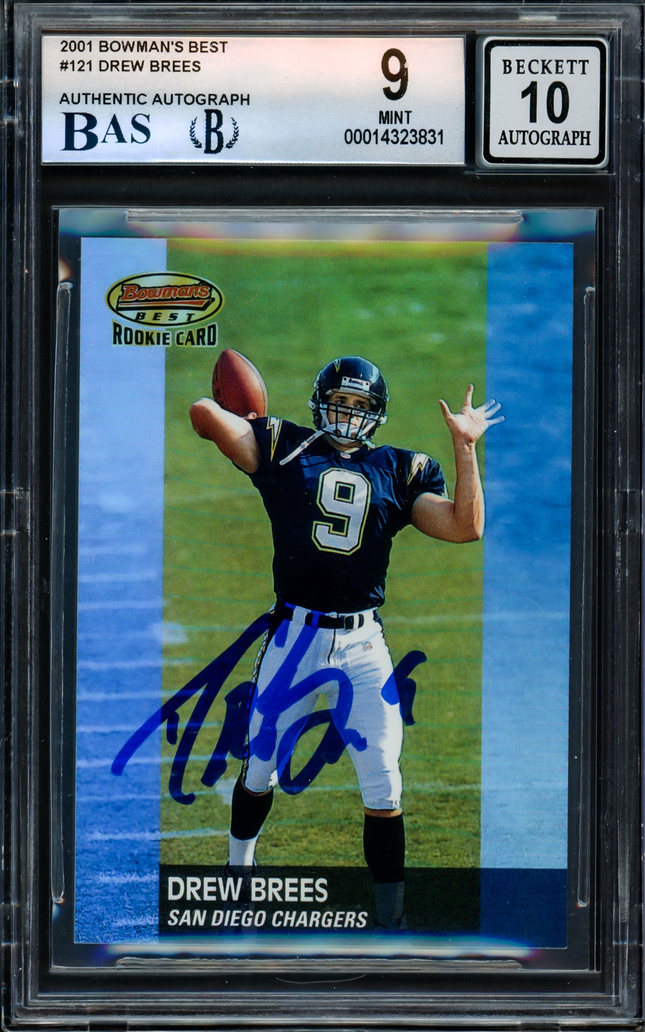 Drew Brees Autographed 2001 Bowman's Best Rookie Card #121 New Orleans Saints BGS 9 Auto Grade Gem Mint 10 Beckett BAS #14323831