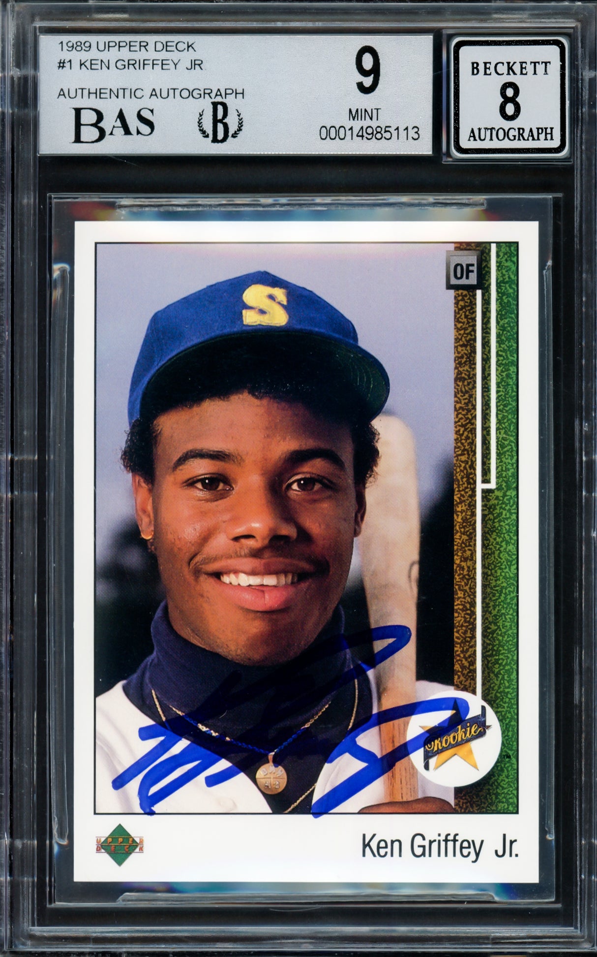 Ken Griffey Jr. Autographed 1989 Upper Deck Rookie Card #1 Seattle Mariners BGS 9 Auto Grade Near Mint/Mint 8 Beckett BAS #14985113