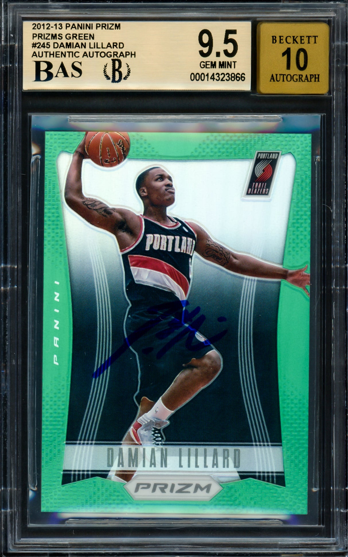 Damian Lillard Autographed 2012-13 Panini Prizm Green Rookie Card #245 Portland Trail Blazers BGS 9.5 Auto Grade Gem Mint 10 Highest Graded Beckett BAS #14323866