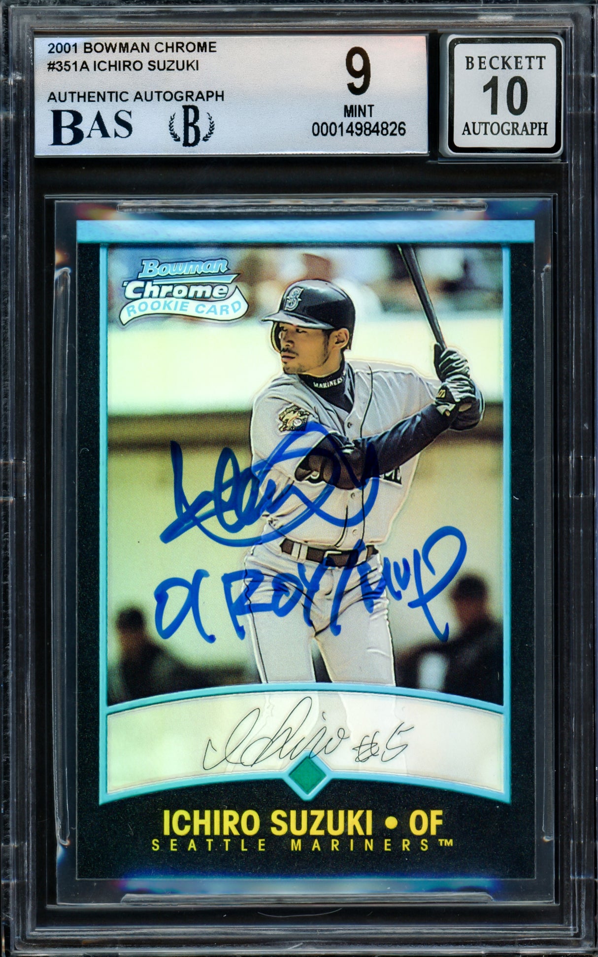 Ichiro Suzuki Autographed 2001 Bowman Chrome Rookie Card #351A Seattle Mariners BGS 9 Auto Grade Gem Mint 10 "01 ROY/MVP" Beckett BAS #14984826