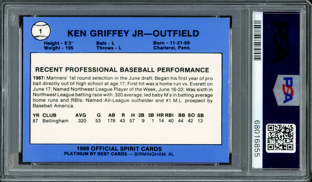 Ken Griffey Jr. Autographed 1988 Best Platinum San Bernardino Spirit Rookie Card #1 Seattle Mariners PSA 7 Auto Grade Gem Mint 10 PSA/DNA #68016855