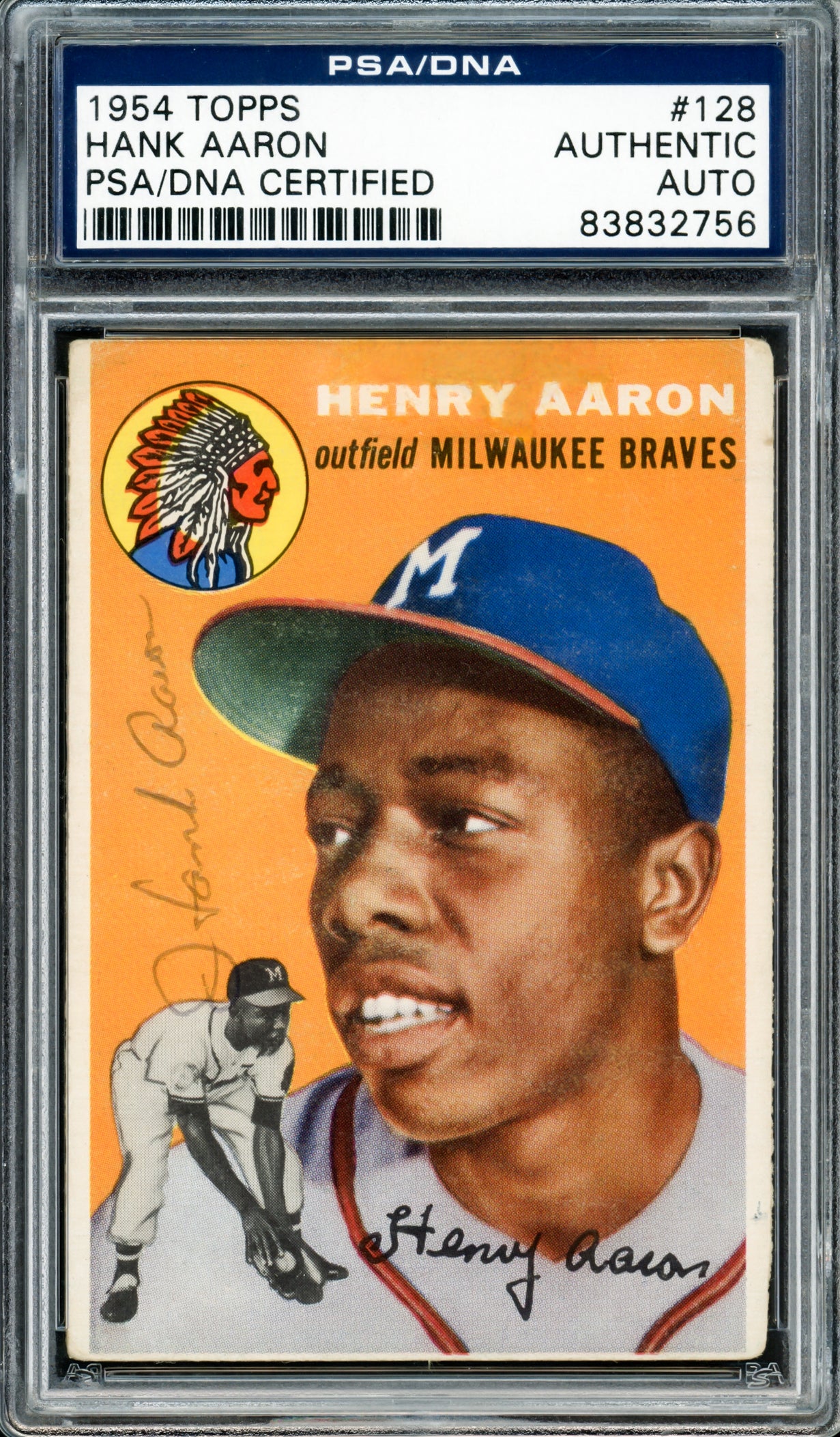 Hank Aaron Autographed 1954 Topps Card #128 Milwaukee Braves Vintage 1950's Rookie Era Signature PSA/DNA #83832756