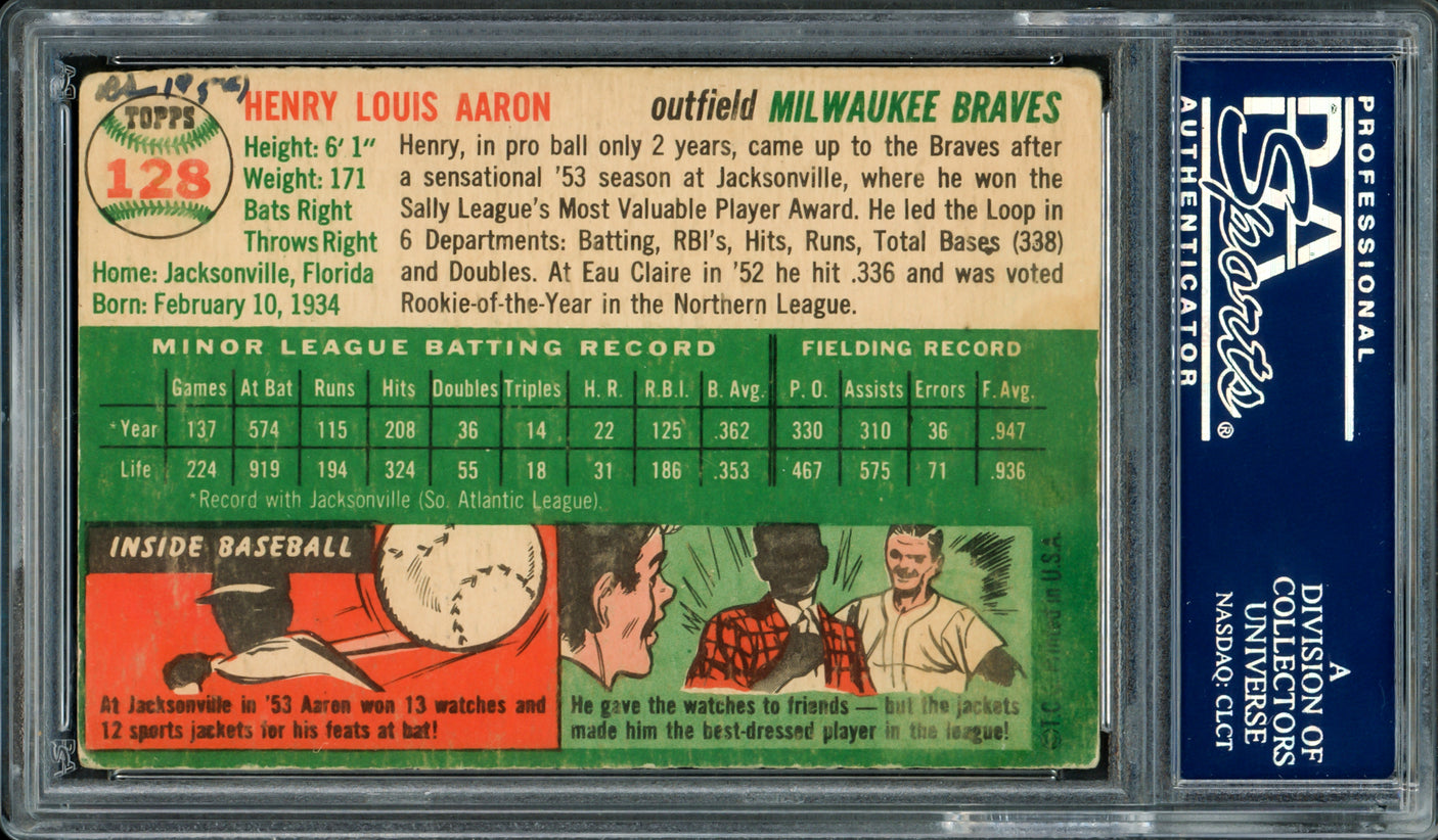 Hank Aaron Autographed 1954 Topps Card #128 Milwaukee Braves Vintage 1950's Rookie Era Signature PSA/DNA #83832756