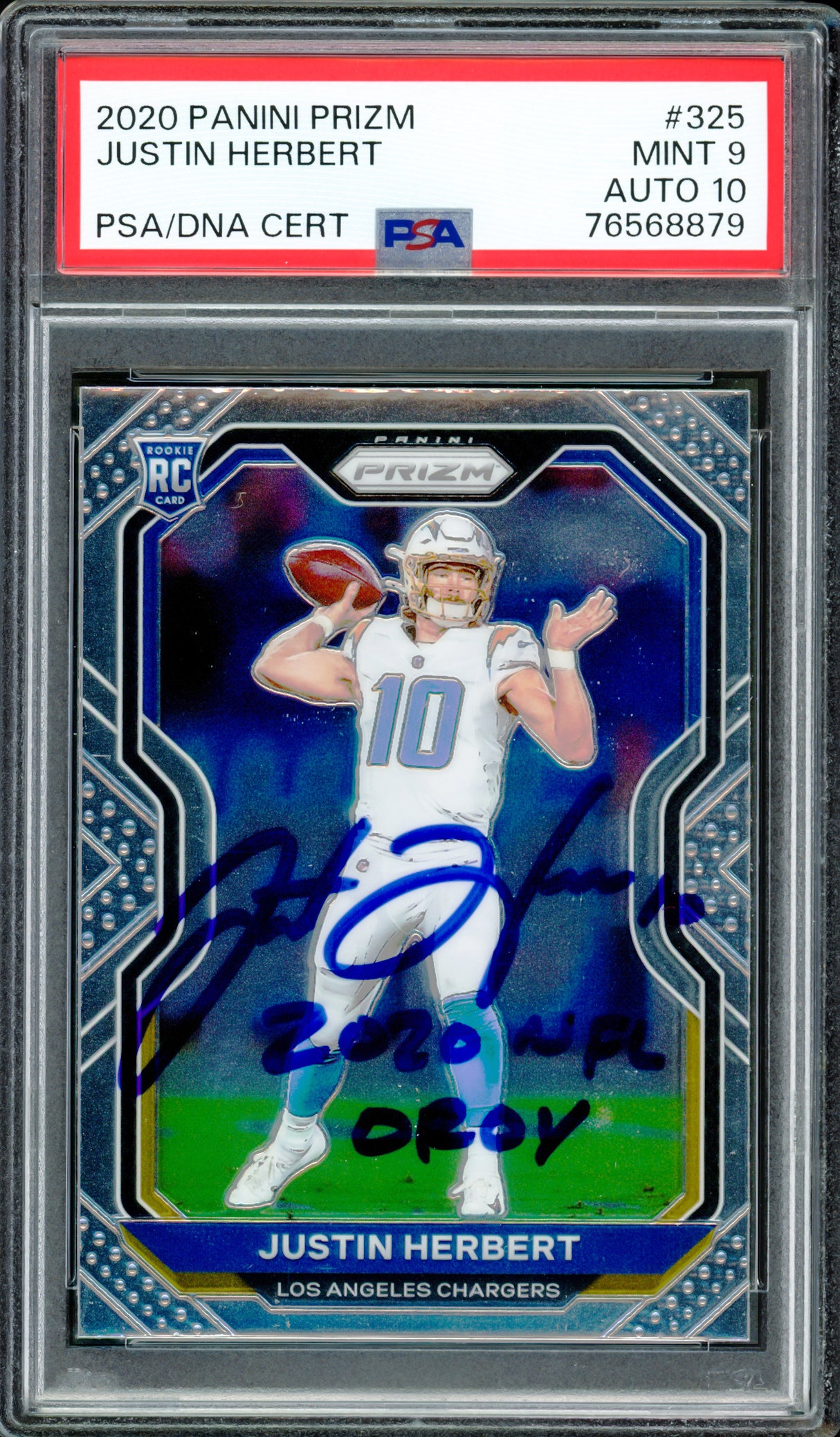 Justin Herbert Autographed 2020 Panini Prizm Rookie Card #325 Los Angeles Chargers PSA 9 Auto Grade Gem Mint 10 "2020 NFL OROY" PSA/DNA #76568879