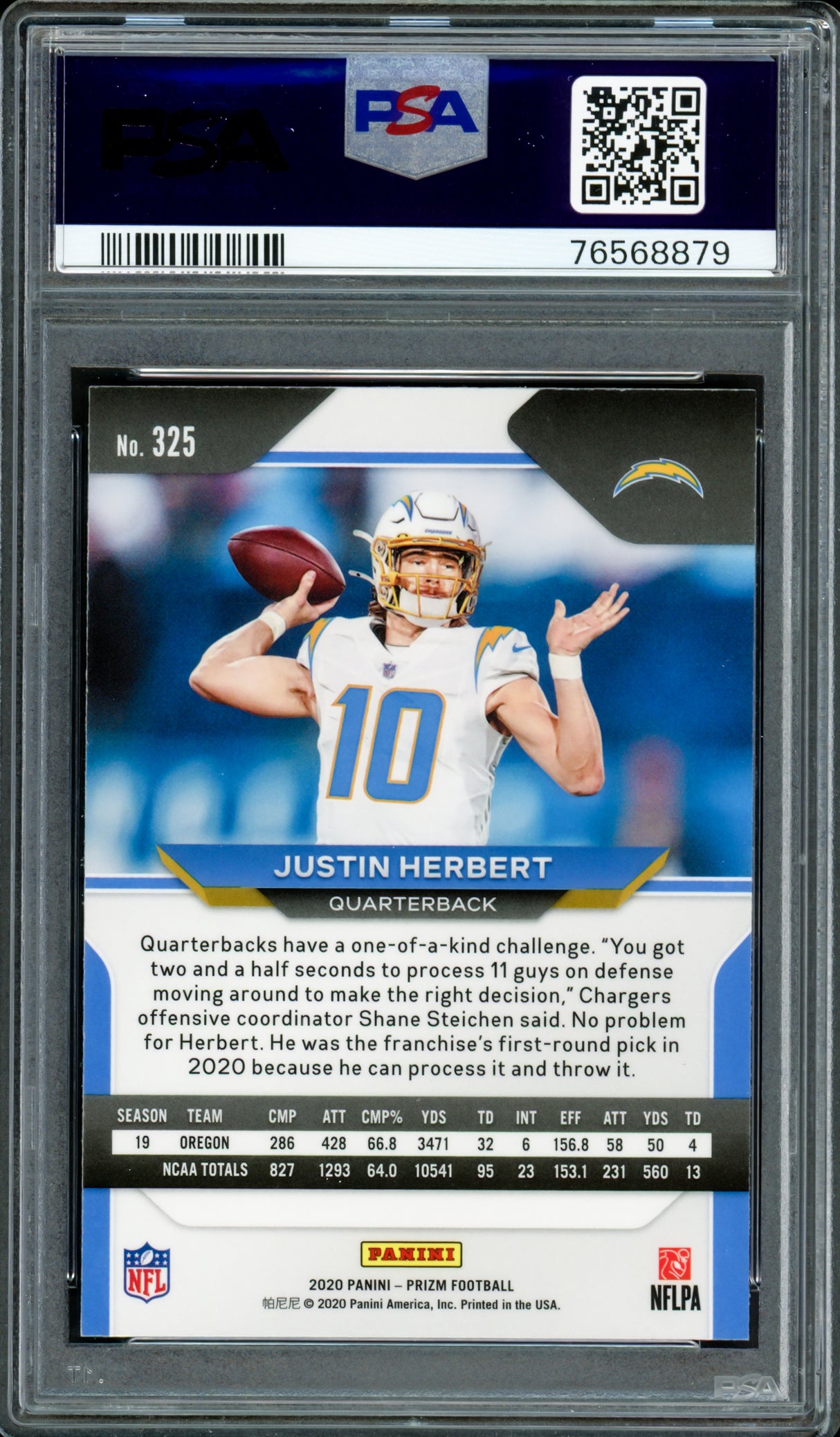 Justin Herbert Autographed 2020 Panini Prizm Rookie Card #325 Los Angeles Chargers PSA 9 Auto Grade Gem Mint 10 "2020 NFL OROY" PSA/DNA #76568879