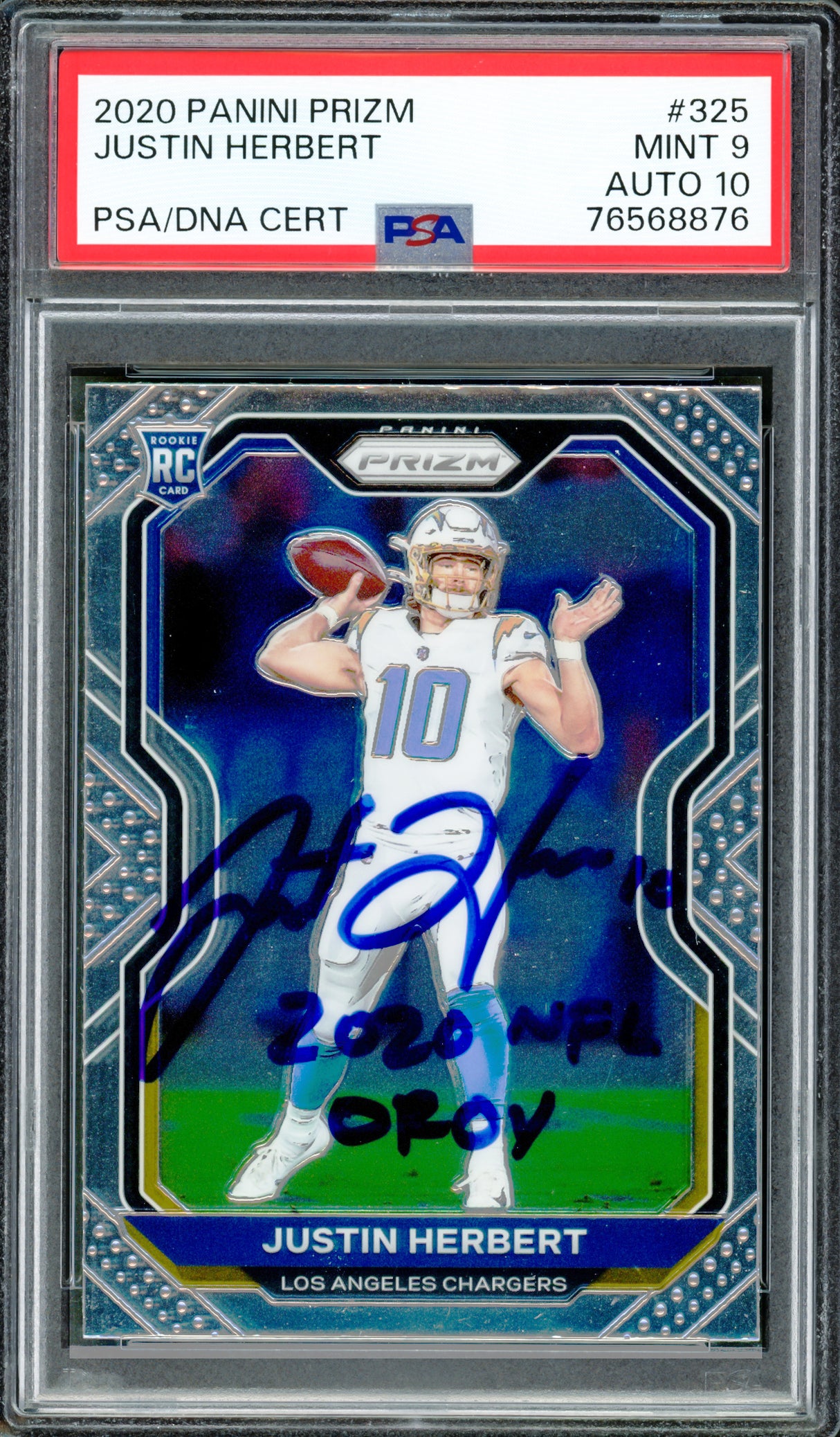 Justin Herbert Autographed 2020 Panini Prizm Rookie Card #325 Los Angeles Chargers PSA 9 Auto Grade Gem Mint 10 "2020 NFL OROY" PSA/DNA #76568876