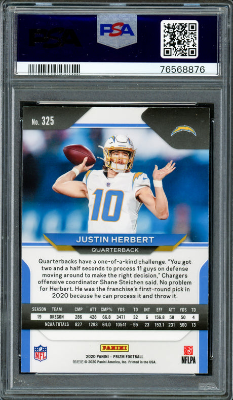 Justin Herbert Autographed 2020 Panini Prizm Rookie Card #325 Los Angeles Chargers PSA 9 Auto Grade Gem Mint 10 "2020 NFL OROY" PSA/DNA #76568876