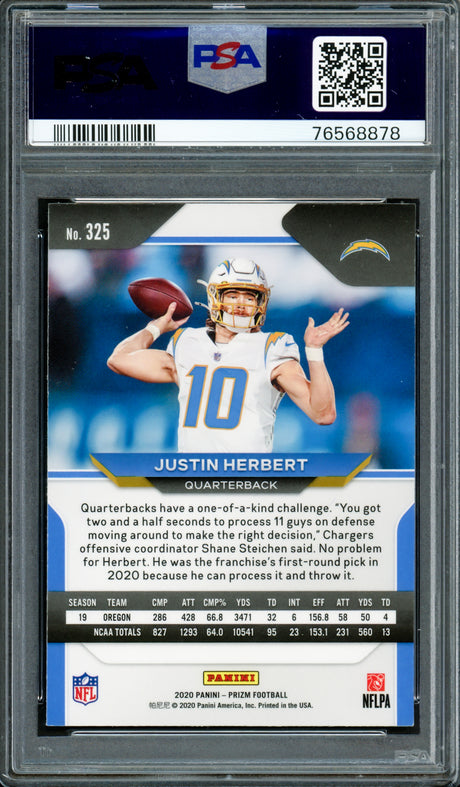 Justin Herbert Autographed 2020 Panini Prizm Rookie Card #325 Los Angeles Chargers PSA 9 Auto Grade Gem Mint 10 "2020 NFL OROY" PSA/DNA #76568878