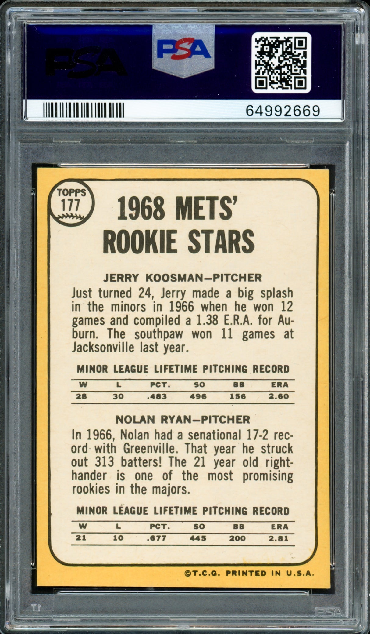 Nolan Ryan Autographed 1968 Topps Rookie Card #177 New York Mets PSA 5 Auto Grade Gem Mint 10 PSA/DNA #64992669