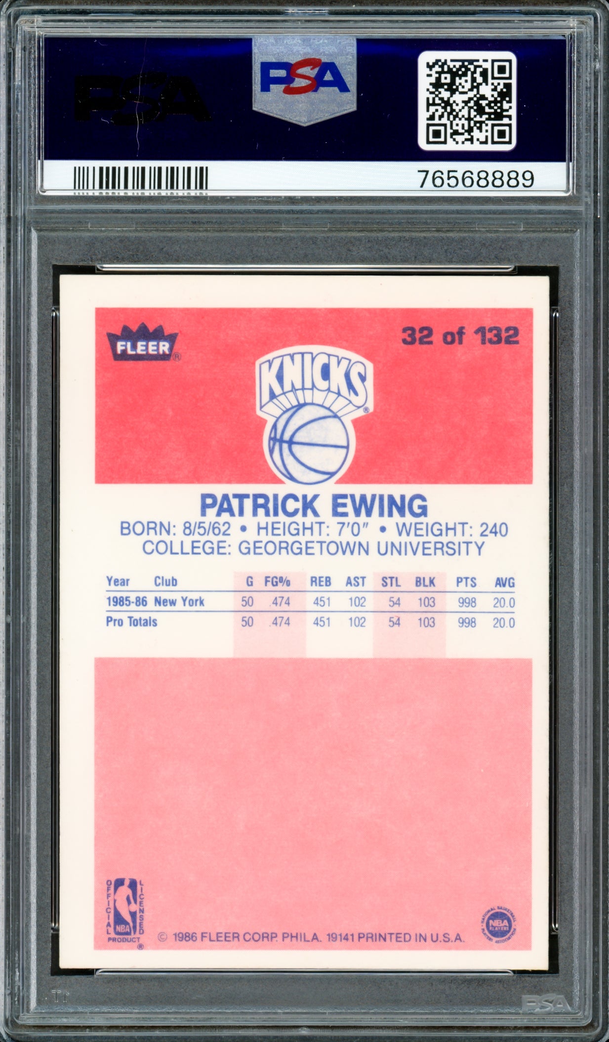 Patrick Ewing Autographed 1986-87 Fleer Rookie Card #32 New York Knicks PSA 7 Auto Grade Gem Mint 10 PSA/DNA #76568889