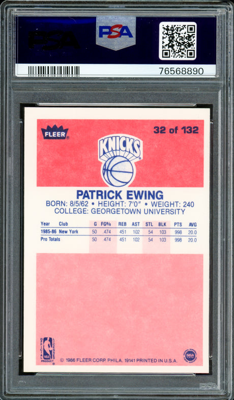 Patrick Ewing Autographed 1986-87 Fleer Rookie Card #32 New York Knicks PSA 7 Auto Grade Gem Mint 10 PSA/DNA #76568890