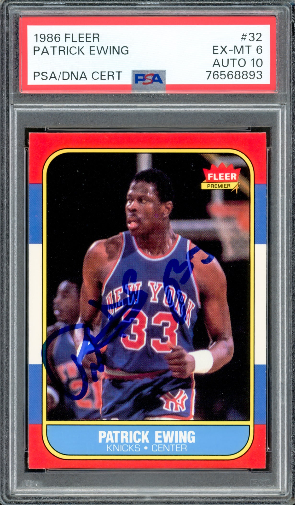 Patrick Ewing Autographed 1986-87 Fleer Rookie Card #32 New York Knicks PSA 6 Auto Grade Gem Mint 10 PSA/DNA #76568893