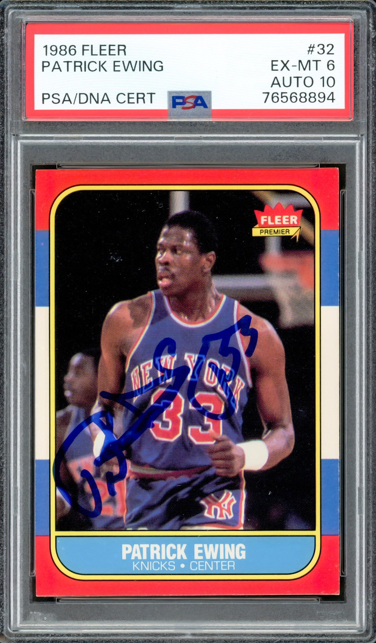 Patrick Ewing Autographed 1986-87 Fleer Rookie Card #32 New York Knicks PSA 6 Auto Grade Gem Mint 10 PSA/DNA #76568894