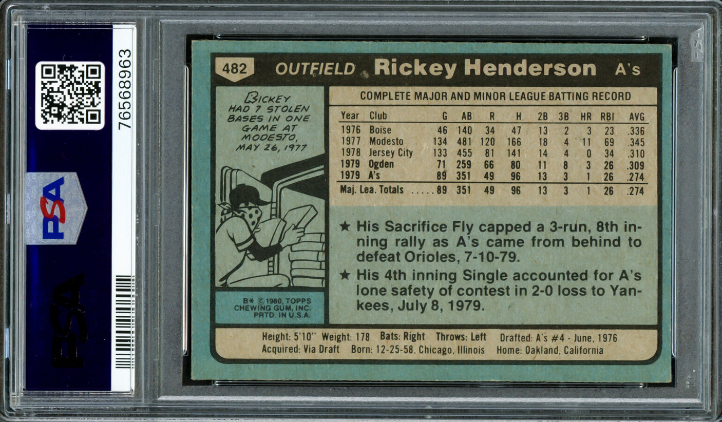 Rickey Henderson Autographed 1980 Topps Rookie Card #482 Oakland A's PSA 5 Auto Grade Gem Mint 10 PSA/DNA #76568963