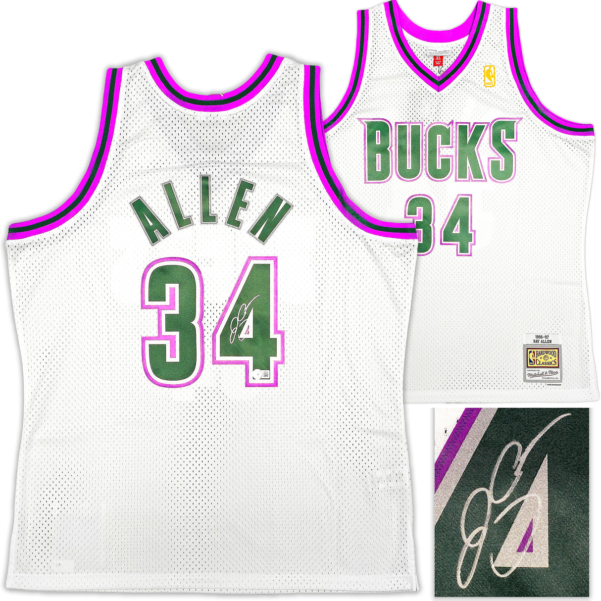 Milwaukee Bucks Ray Allen Autographed White Authentic Mitchell & Ness 1996-97 Ray Allen HWC Swingman Jersey Size XL Beckett BAS Witness Stock #221294