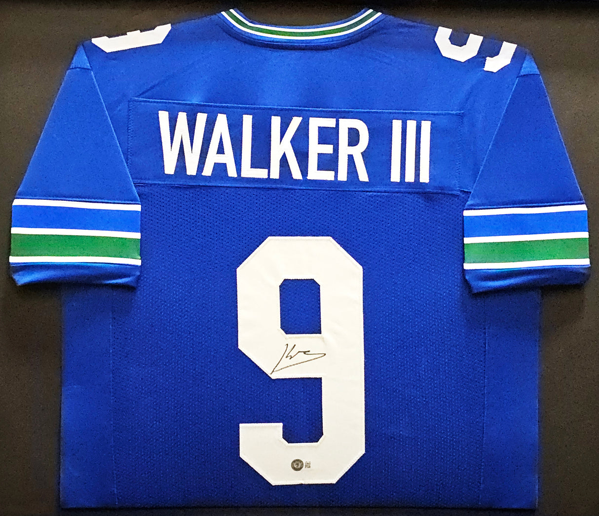 Seattle Seahawks Kenneth Walker III Autographed Framed Blue Throwback Jersey Beckett BAS Witness Stock #221131