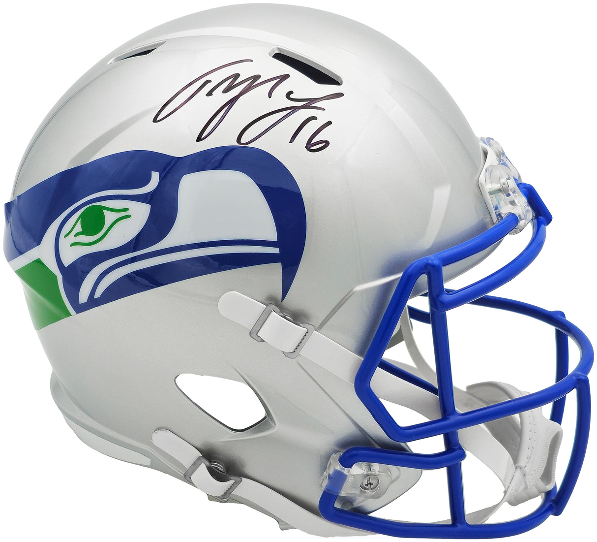 Tyler Lockett Autographed Seattle Seahawks Silver 1983-01 Throwback Full Size Speed Replica Helmet MCS Holo Stock #236383