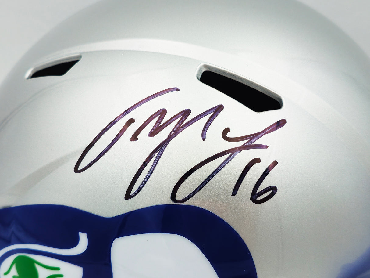 Tyler Lockett Autographed Seattle Seahawks Silver 1983-01 Throwback Full Size Speed Replica Helmet MCS Holo Stock #236383