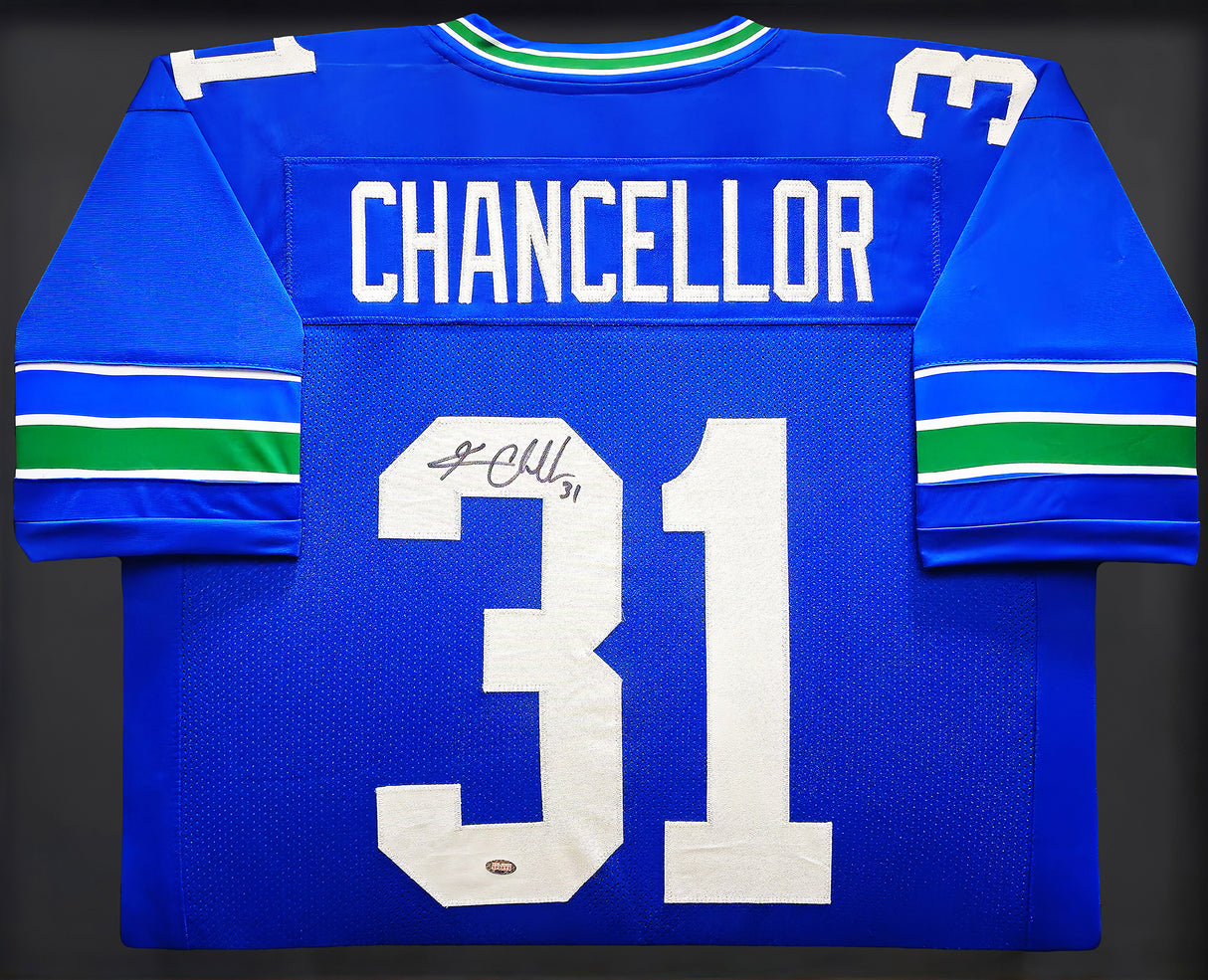 Seattle Seahawks Kam Chancellor Autographed Framed Blue Throwback Jersey MCS Holo Stock #235666