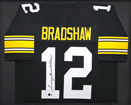 Pittsburgh Steelers Terry Bradshaw Autographed Framed Black Jersey Beckett BAS Witness Stock #235668