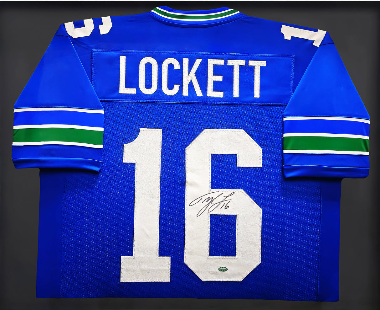 Seattle Seahawks Tyler Lockett Autographed Framed Blue Throwback Jersey MCS Holo Stock #235667