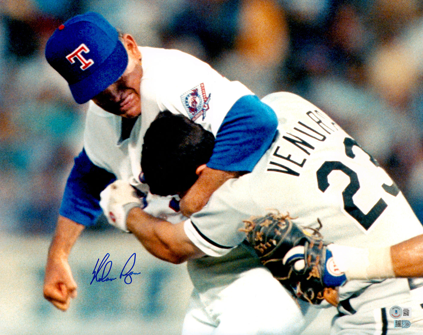 Nolan Ryan Autographed Framed 16x20 Photo Texas Rangers Fight vs. Robin Ventura Beckett BAS QR Stock #235665