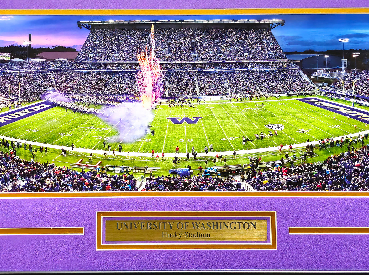 Unsigned Framed 12x36 Panoramic Photo Washington Huskies Night Game Stock #235672