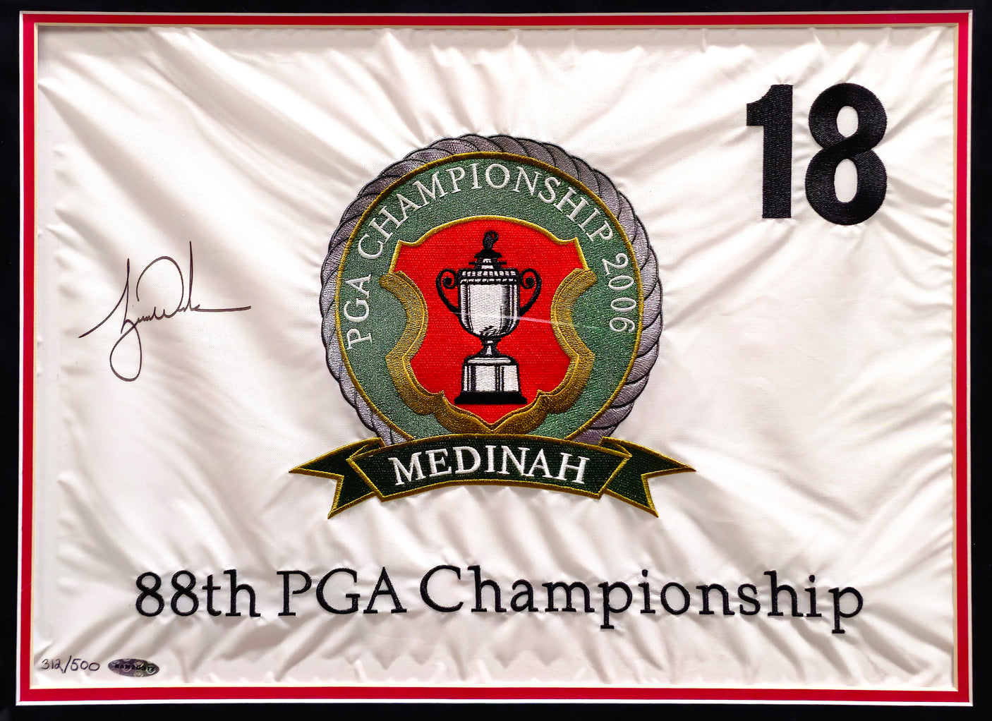 Tiger Woods Autographed Framed 2006 PGA Championship Golf Pin Flag #312/500 UDA Holo #BAM20312