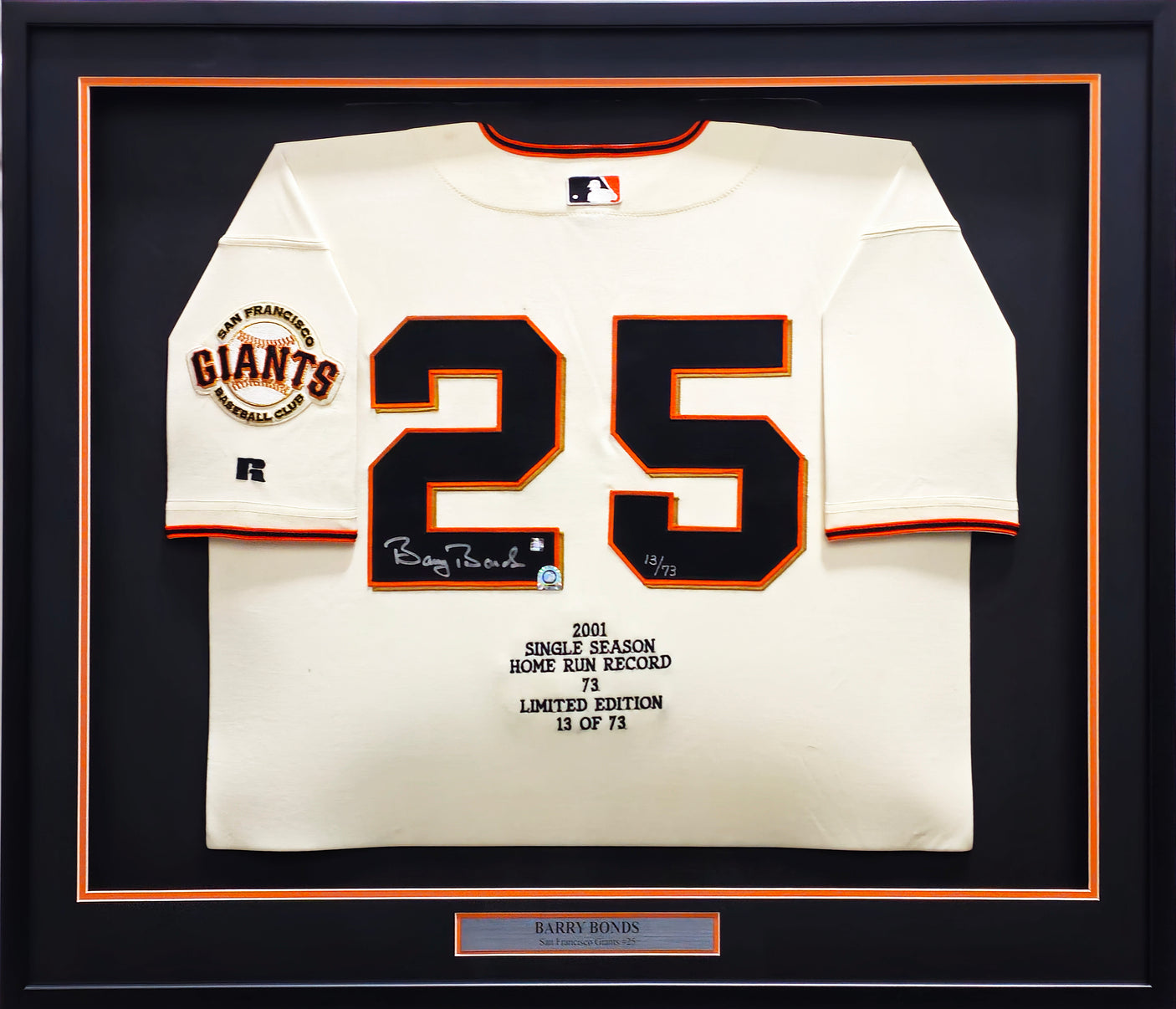 San Francisco Giants Barry Bonds Autographed Framed Cream Russell Stat Jersey BB & #13/73 MLB Holo #MT00562050