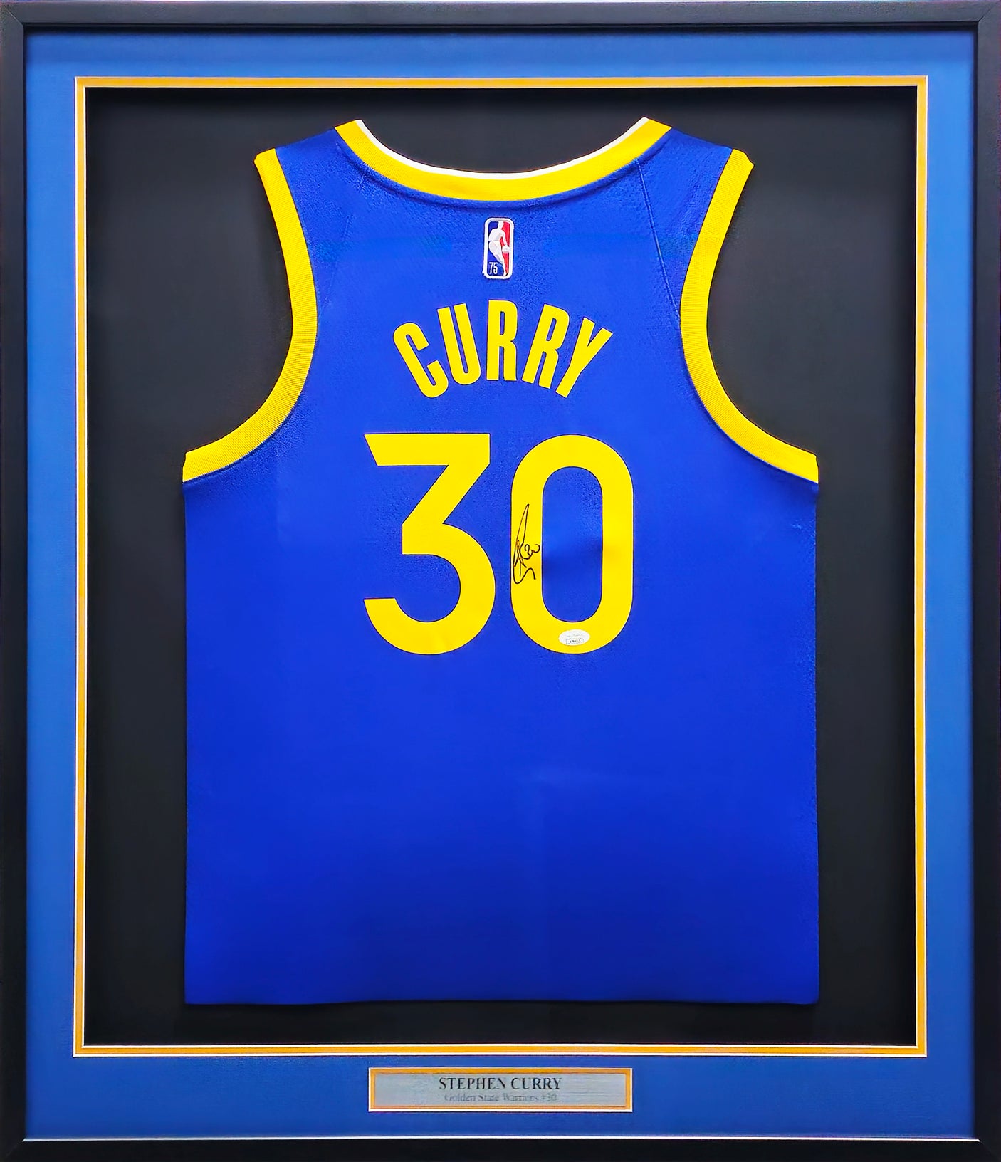 Golden State Warriors Stephen Curry Autographed Framed Blue Nike Jersey JSA #AP94015