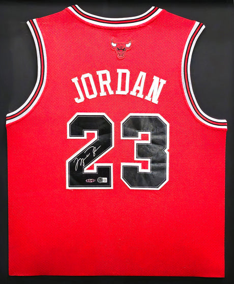 Chicago Bulls Michael Jordan Autographed Framed Red Jersey Beckett BAS QR & UDA Holo #BAJ03662