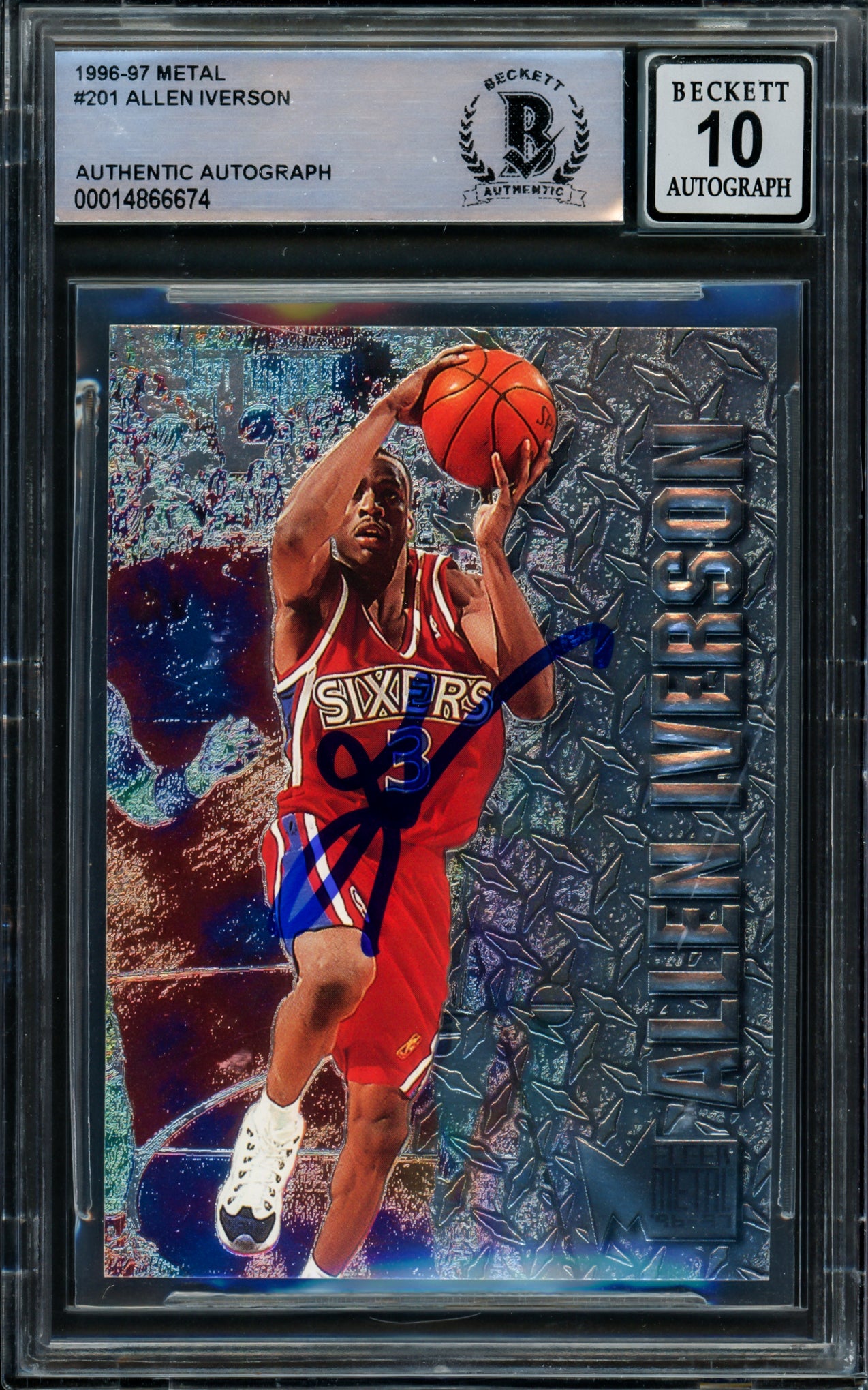 Allen Iverson Autographed 1996-97 Fleer Metal Rookie Card #201 Philadelphia 76ers Auto Grade Gem Mint 10 Beckett BAS #14866674