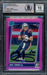 Mac Jones Autographed 2021 Donruss Optic Preview Pink Rookie Card #P-255 New England Patriots Auto Grade Gem Mint 10 Beckett BAS #14867230