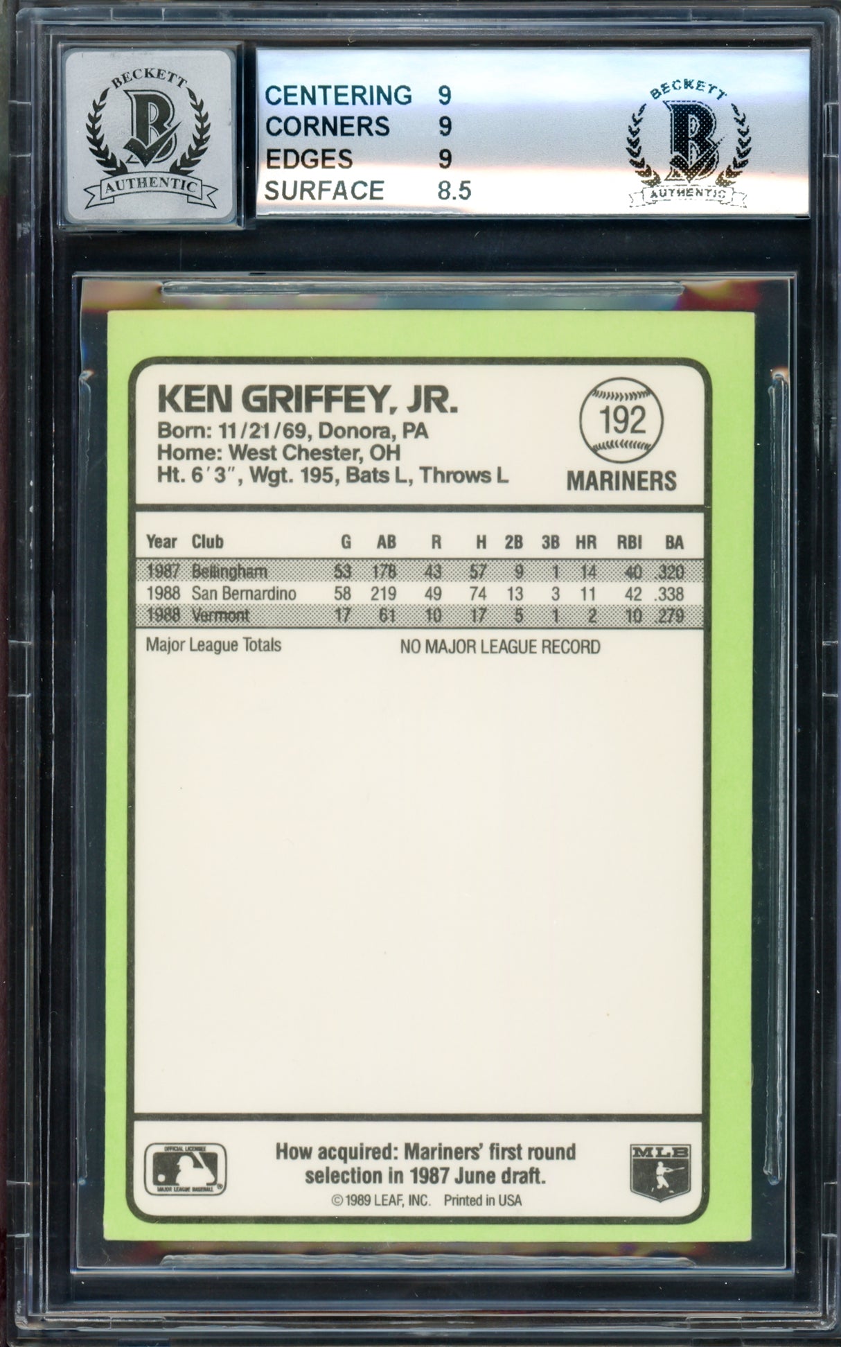 Ken Griffey Jr. Autographed 1989 Donruss Baseball's Best Rookie Card #192 Seattle Mariners BGS 9 Auto Grade Gem Mint 10 Beckett BAS #14727815