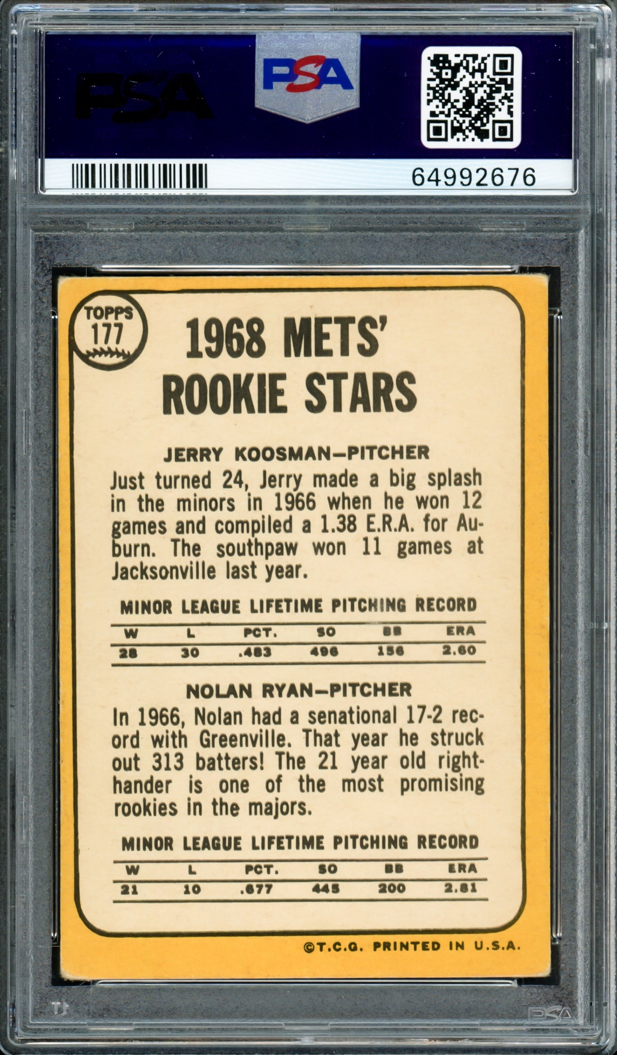 Nolan Ryan Autographed 1968 Topps Rookie Card #177 New York Mets PSA 3 Auto Grade Gem Mint 10 PSA/DNA #64992676