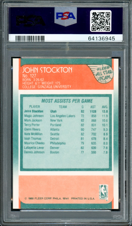 John Stockton Autographed 1988-89 Fleer All Star Rookie Card #127 Utah Jazz Auto Grade Mint 9 PSA/DNA #64136945