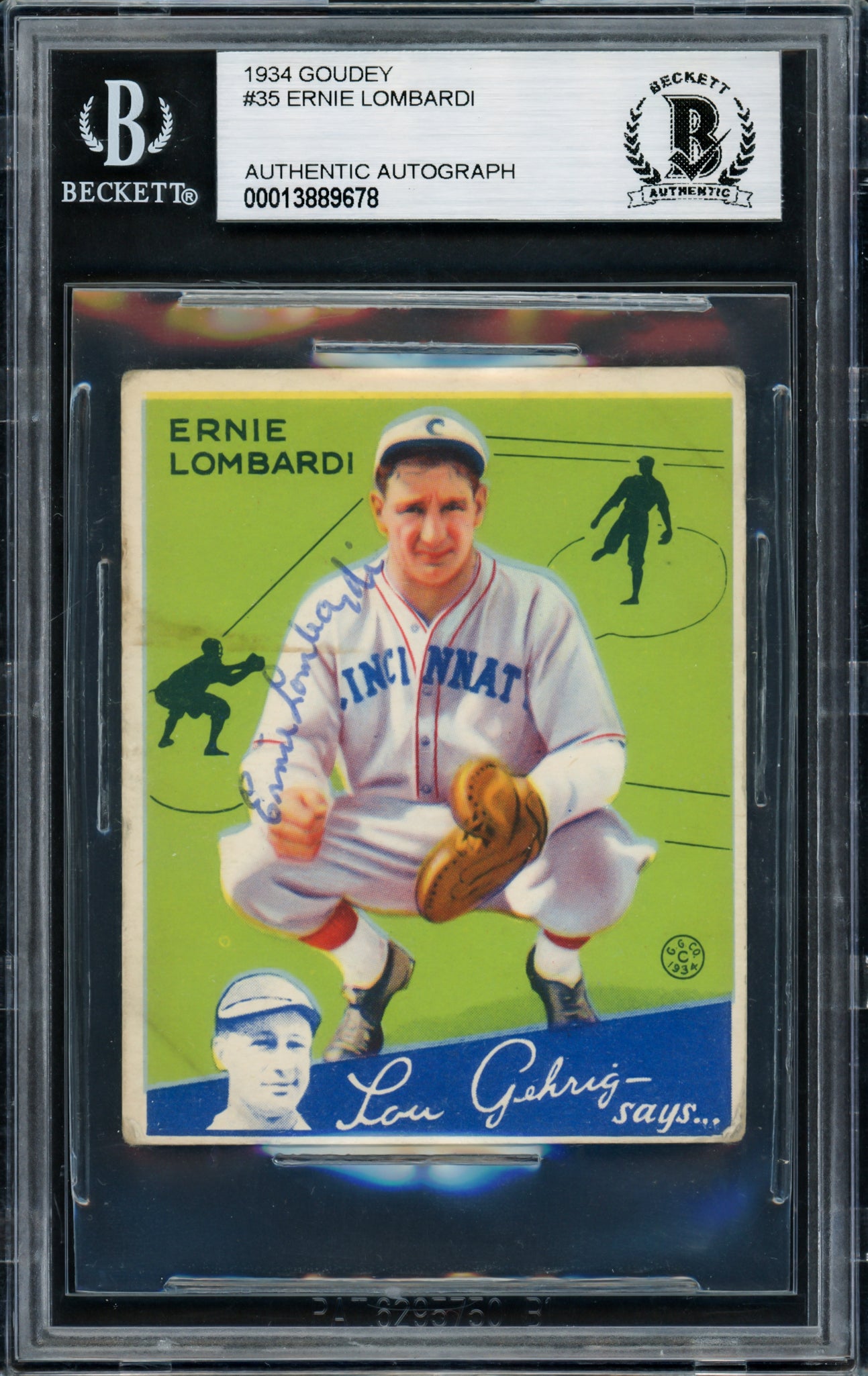 Ernie Lombardi Autographed 1934 Goudey Rookie Card #35 Cincinnati Reds Beckett BAS #13889678