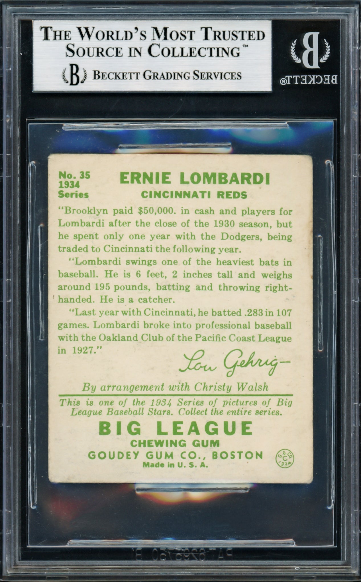 Ernie Lombardi Autographed 1934 Goudey Rookie Card #35 Cincinnati Reds Beckett BAS #13889678