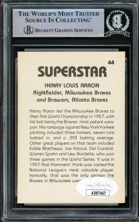 Hank Aaron Autographed 1982 Superstar Card #44 Milwaukee Braves Beckett BAS #15091354