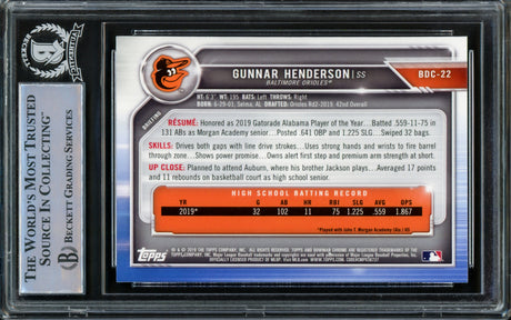 Gunnar Henderson Autographed 2019 Bowman Draft Chrome Rookie Card #BDC-22 Baltimore Orioles "1st HR 8/31/22" Beckett BAS Stock #210839