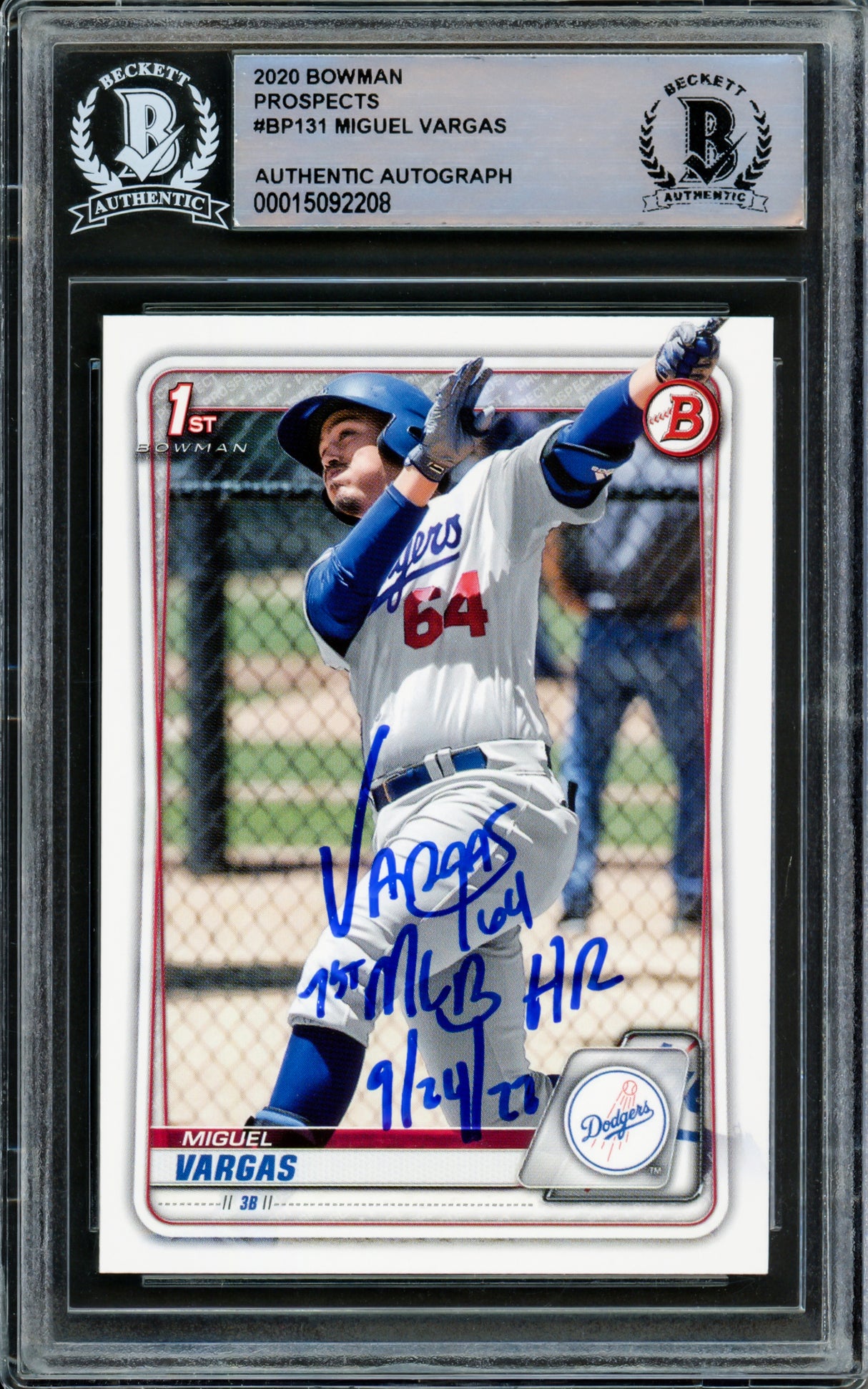 Miguel Vargas Autographed 2020 Bowman Prospects Rookie Card #BP-131 Los Angeles Dodgers "1st MLB HR 9/24/22" Beckett BAS Stock #210843