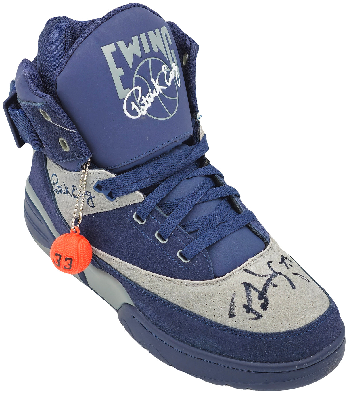 Patrick Ewing Autographed Navy & Grey Ewing Athletics 33 HI OG Right Shoe Georgetown Hoyas Size 13 Beckett BAS Witness Stock #236556