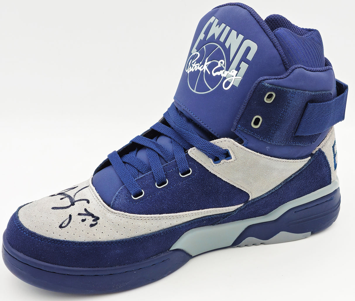 Patrick Ewing Autographed Navy & Grey Ewing Athletics 33 HI OG Right Shoe Georgetown Hoyas Size 13 Beckett BAS Witness Stock #236556