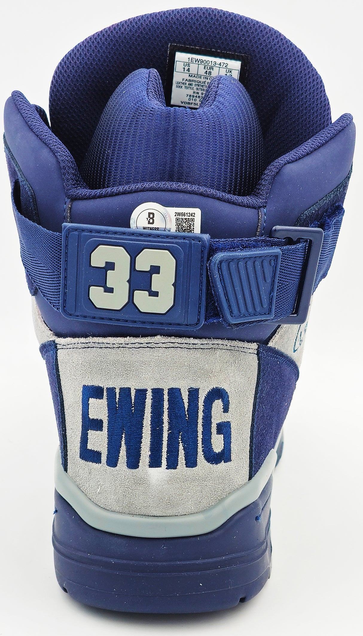 Patrick Ewing Autographed Navy & Grey Ewing Athletics 33 HI OG Right Shoe Georgetown Hoyas Size 14 Beckett BAS Witness Stock #236558