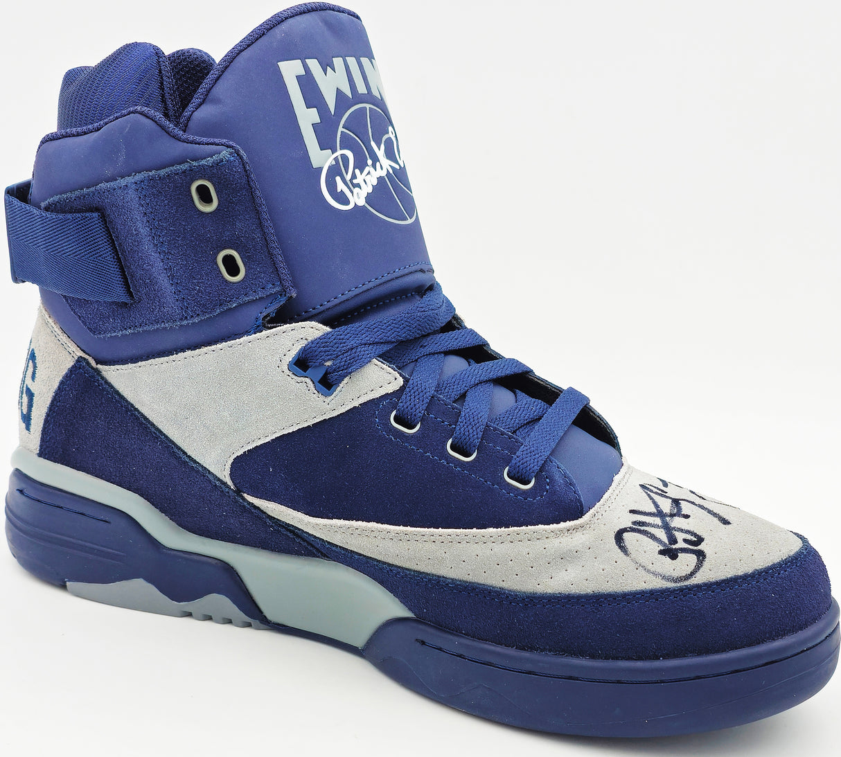 Patrick Ewing Autographed Navy & Grey Ewing Athletics 33 HI OG Left Shoe Georgetown Hoyas Size 13 W/ Box Beckett BAS Witness Stock #236555