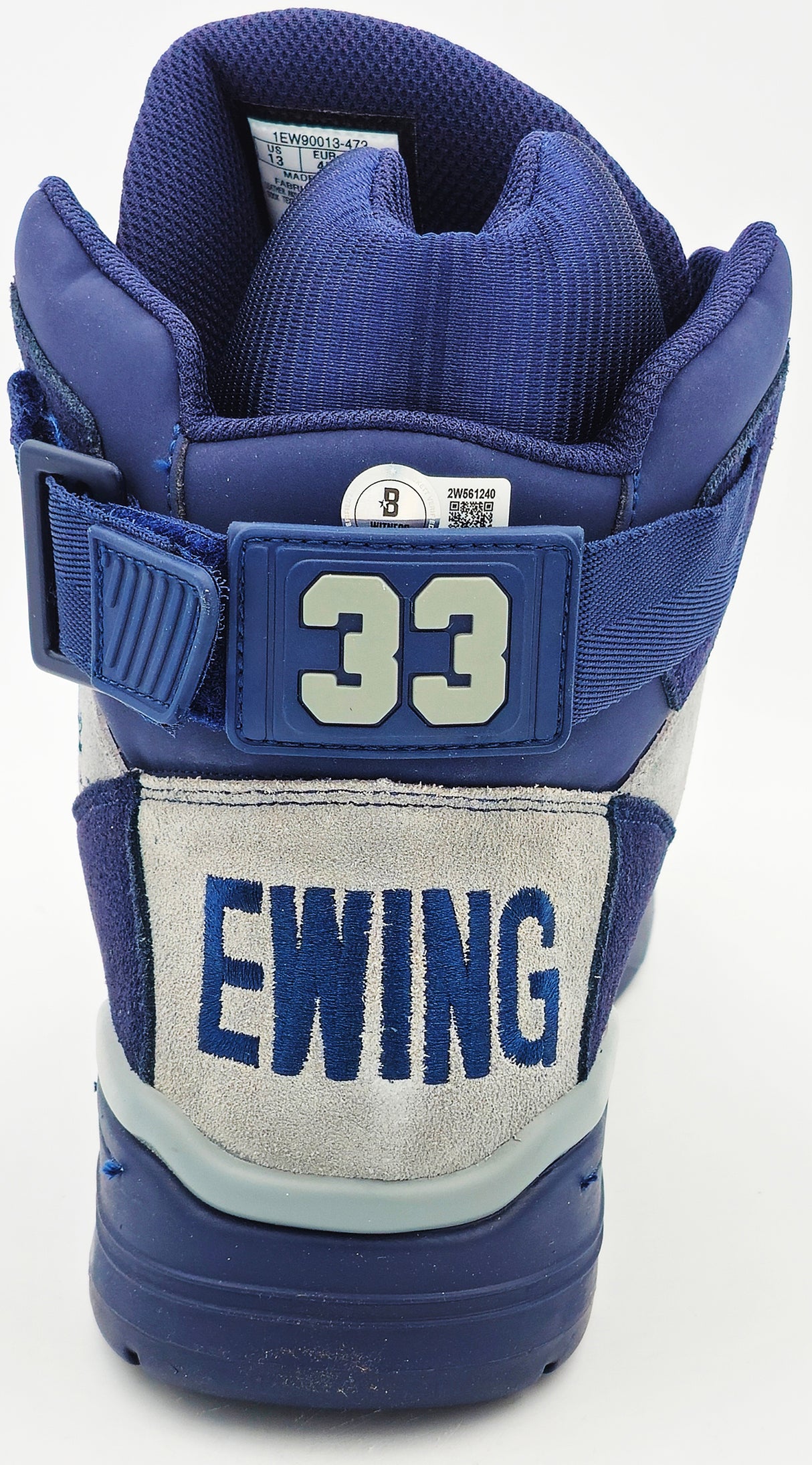 Patrick Ewing Autographed Navy & Grey Ewing Athletics 33 HI OG Left Shoe Georgetown Hoyas Size 13 W/ Box Beckett BAS Witness Stock #236555